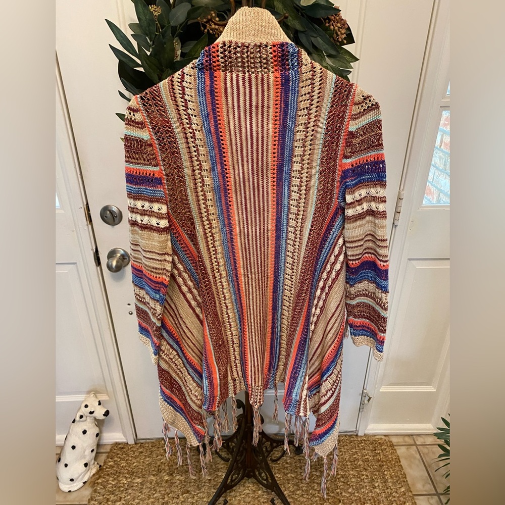 Boho Colorful Stripe Open Knit Open Front Cardiga… - image 2